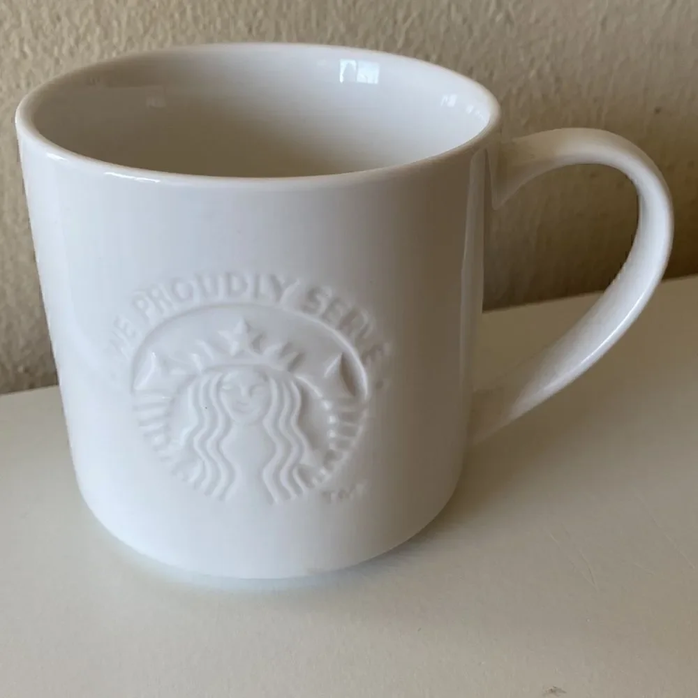 Starbucks 2014 White Embossed Coffee Cup Mug 12oz